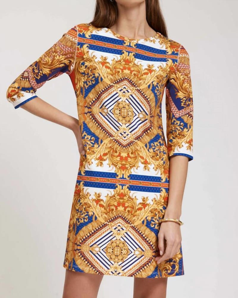 Front of a model wearing a size L Alexa Scarf Print Dress In Multi in Multi by Tyler Boe. | dia_product_style_image_id:346955